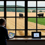 **Prompt:** A vibrant online discussion forum for aspiring French agricultural managers. Depict students actively participating, asking questions, sharing insights, and collaborating on a case study related to *Gestion Agricole* (Agricultural Management). The scene should feature laptops, tablets, and smartphones displaying relevant learning platforms, with a focus on camaraderie and collaborative problem-solving. Include visual elements representing French agriculture, like fields, livestock, or typical rural architecture in the background, subtly visible through windows.