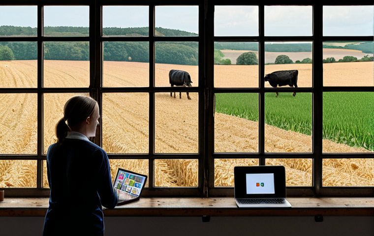 **Prompt:** A vibrant online discussion forum for aspiring French agricultural managers. Depict students actively participating, asking questions, sharing insights, and collaborating on a case study related to *Gestion Agricole* (Agricultural Management). The scene should feature laptops, tablets, and smartphones displaying relevant learning platforms, with a focus on camaraderie and collaborative problem-solving. Include visual elements representing French agriculture, like fields, livestock, or typical rural architecture in the background, subtly visible through windows.