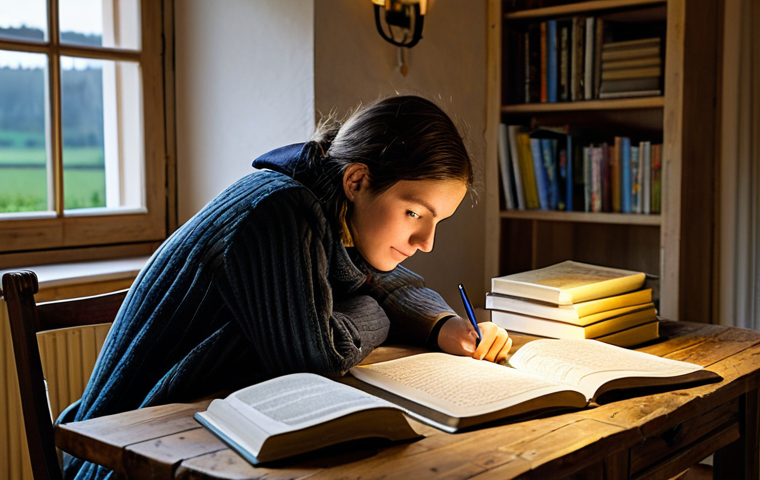 Studying for the Agricultural Exam**

A focused student, fully clothed in casual but modest clothing, sitting at a wooden table covered in books and notes about agriculture and finance. The scene is lit by a warm lamp, creating a cozy study environment. In the background, a glimpse of the French countryside. Safe for work, appropriate content, professional, perfect anatomy, natural proportions, family-friendly.

**