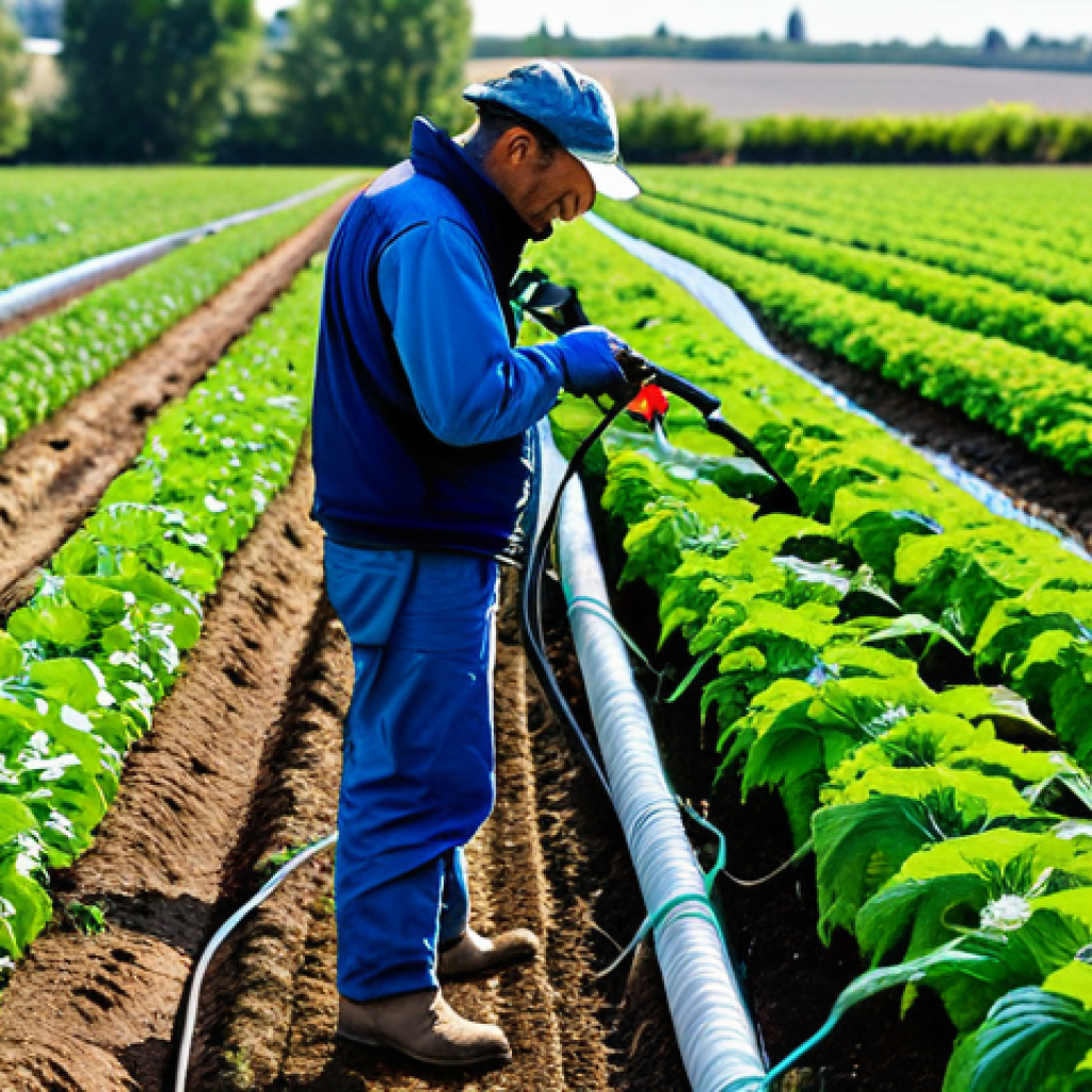 농업경영사 실무 필수 장비 - Modern Farm Irrigation**

"A French farmer, fully clothed in work attire, inspecting a modern drip i...