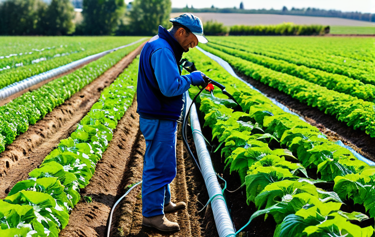 농업경영사 실무 필수 장비 - Modern Farm Irrigation**

"A French farmer, fully clothed in work attire, inspecting a modern drip i...