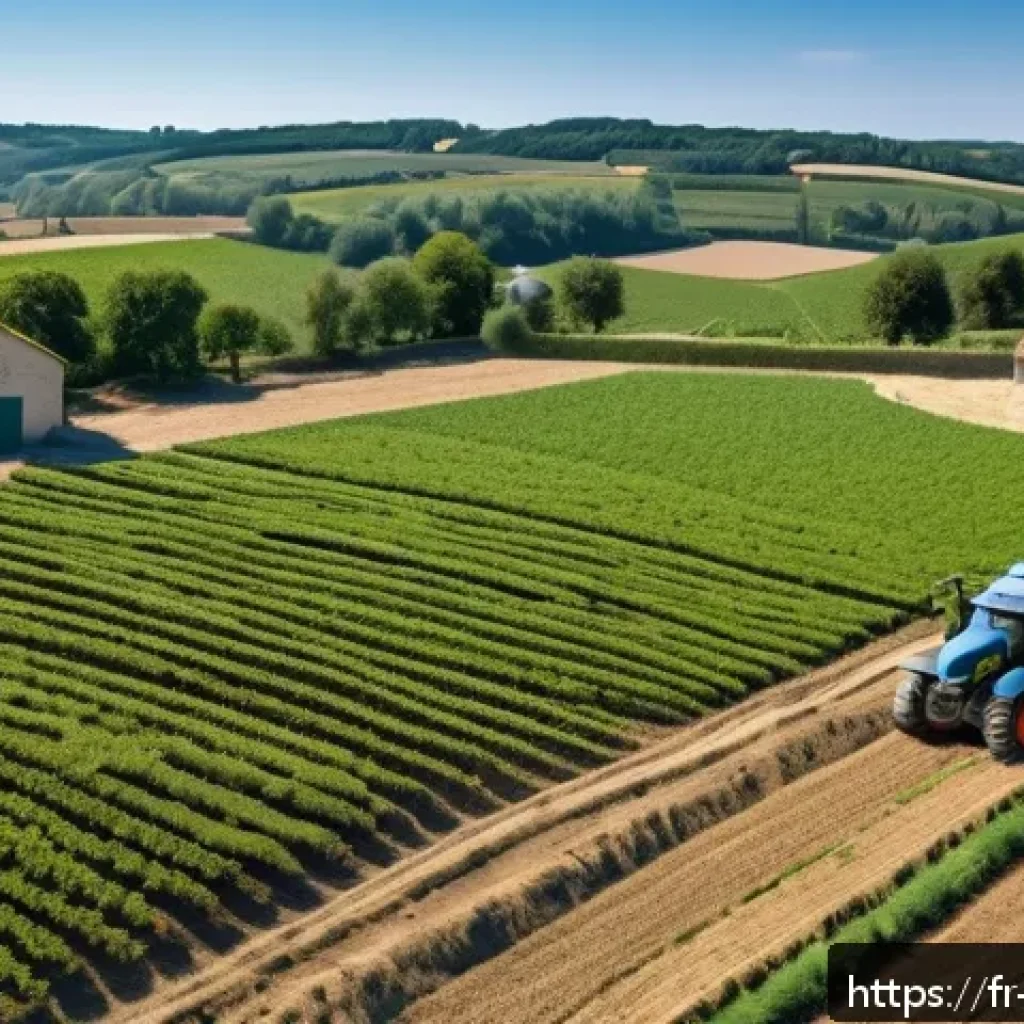 농업경영사 자격증의 커리큘럼 분석 - A modern French farm scene showcasing a diverse agricultural operation: a farmer in neat casual work...
