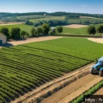 Home 16 농업경영사 자격증의 커리큘럼 분석 - A modern French farm scene showcasing a diverse agricultural operation: a farmer in neat casual work...