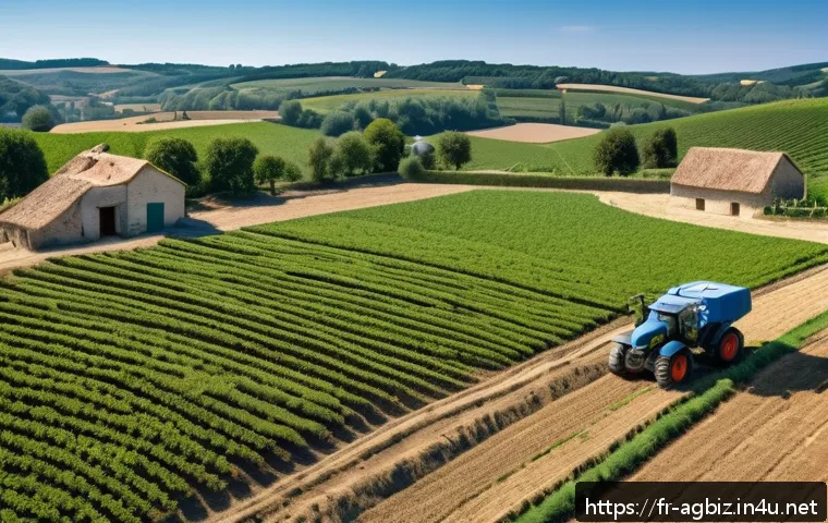 농업경영사 자격증의 커리큘럼 분석 - A modern French farm scene showcasing a diverse agricultural operation: a farmer in neat casual work...