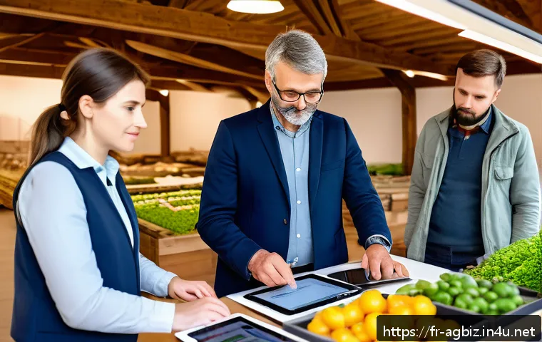 농업경영사로 진출 가능한 기업 목록 - A modern agricultural cooperative office scene in rural France, showing a diverse team of agricultur...