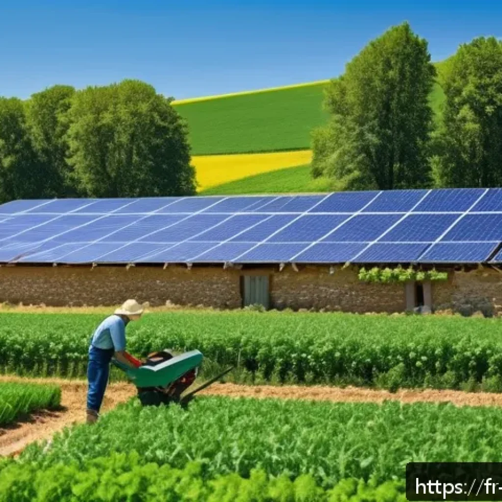 농업경영사 자격증 필수 준비물 - A modern French farm scene in spring showcasing sustainable agricultural practices: diverse crop fie...