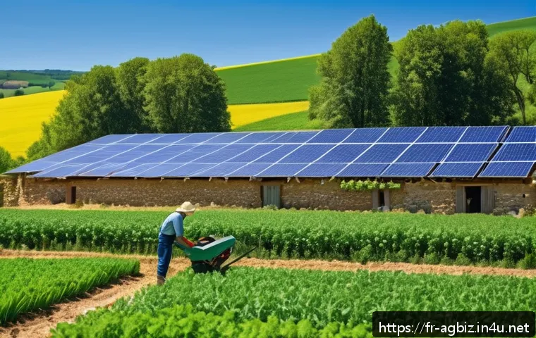 농업경영사 자격증 필수 준비물 - A modern French farm scene in spring showcasing sustainable agricultural practices: diverse crop fie...