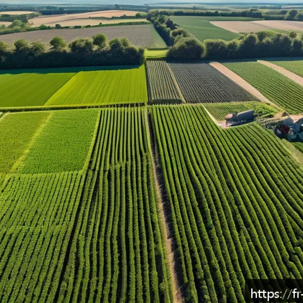 농업경영사와 지속 가능한 농업 모델 - A modern French farm landscape featuring a drone flying over lush green fields equipped with digital...