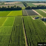 농업경영사와 지속 가능한 농업 모델 - A modern French farm landscape featuring a drone flying over lush green fields equipped with digital...