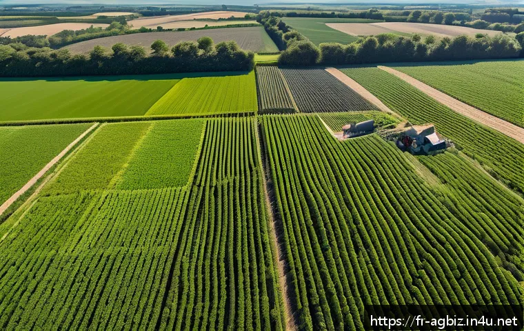 농업경영사와 지속 가능한 농업 모델 - A modern French farm landscape featuring a drone flying over lush green fields equipped with digital...