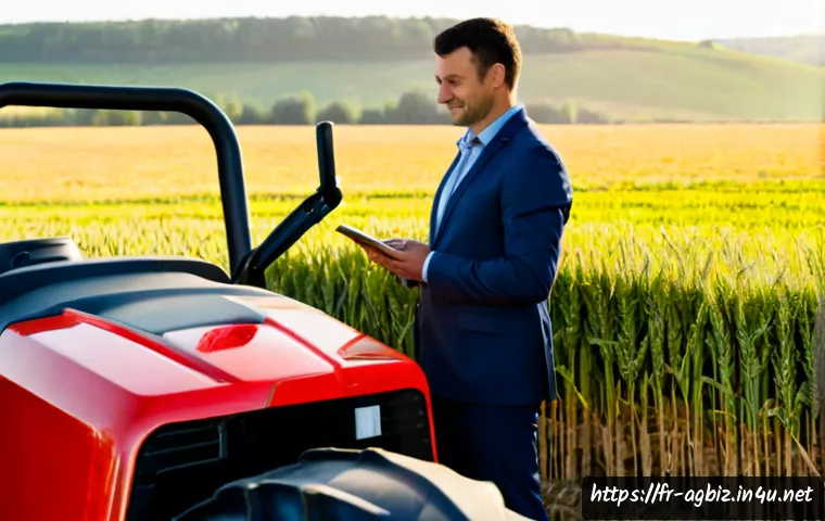 Home 17 농업경영사 직업 만족도와 장단점 - Photorealistic French agricultural business manager standing confidently beside a modern tractor and...